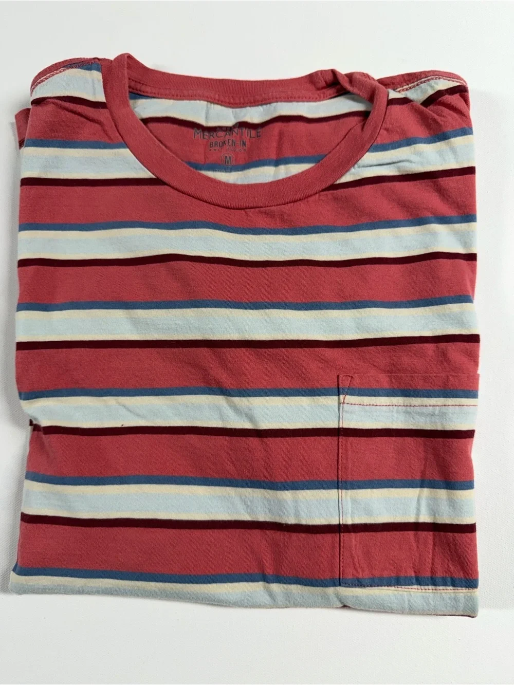J. Crew Red Striped Pocket Short Sleeve Tee with Blue and Cream Bands